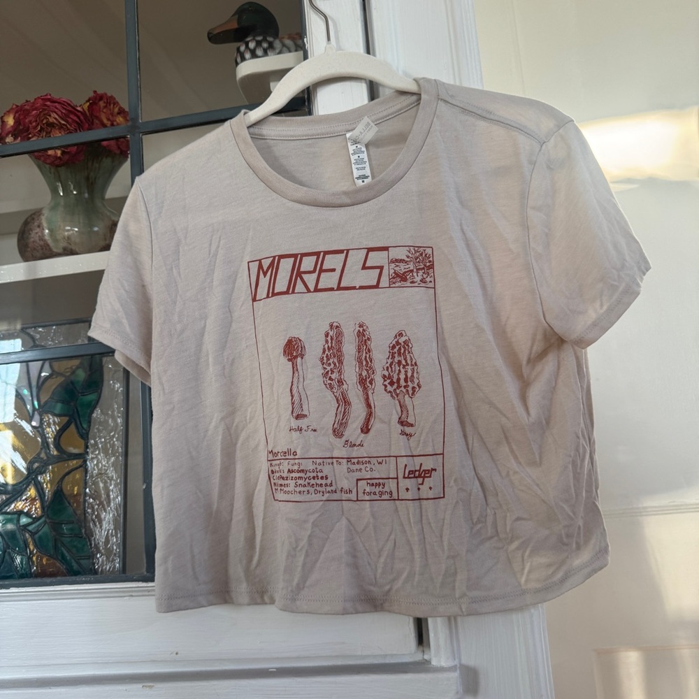 Cropped Hand-Made Cream Tee with Orange Morel Mushroom Graphic